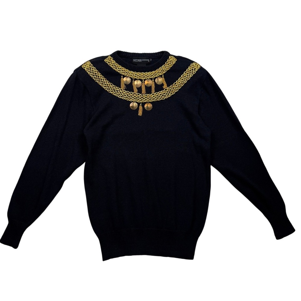 Vintage Spree International Black Gold Statement Sweater Ramie Cotton M